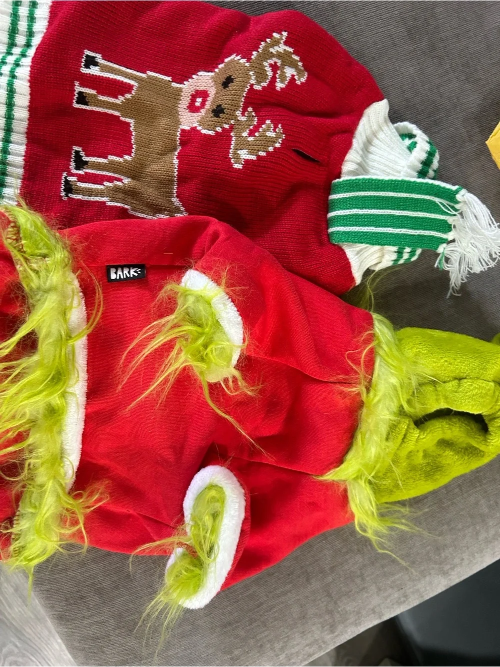 Bark Red Plush Holiday Pet Costume with Lime Trim